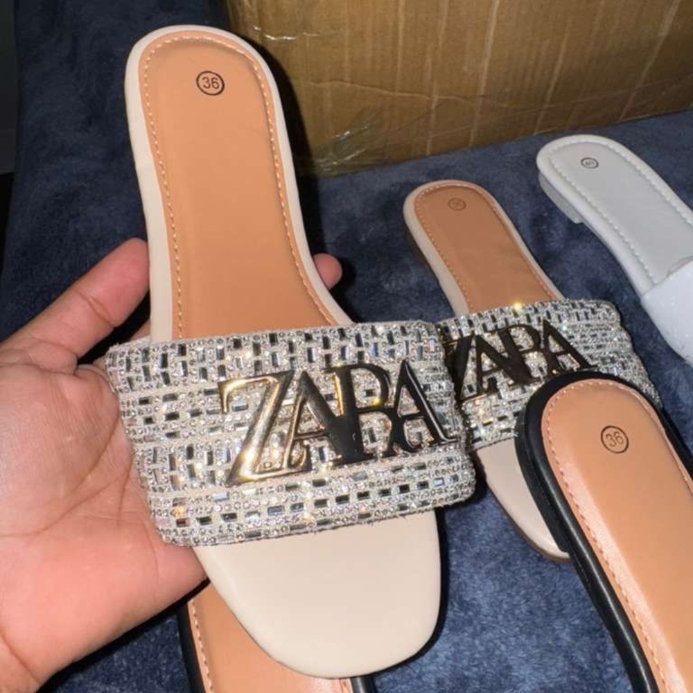 Women's Cream and Silver Slide Sandals